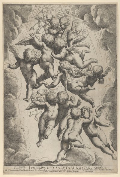 Um grupo de anjos abraçados em voo, emoldurados por nuvens, ca. 1607., c. 1607. de Guido Reni