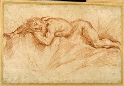 Um homem nu aterrorizado, propenso a um terreno rochoso (giz vermelho sobre papel) de Guido Reni