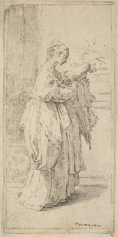 Menina carregando uma almofada, vista de perfil para a direita, 1590-1690. de Guido Reni