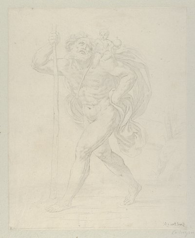 São Cristóvão caminhando com o Menino Jesus no ombro esquerdo, contrapro..., ca. 1600-1640. de Guido Reni