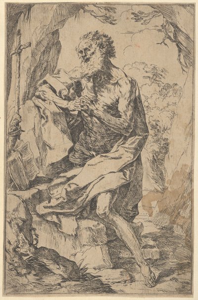 São Jerônimo ajoelhado sobre uma rocha em frente a uma cruz e um livro aberto para a esquerda,..., c. 1600-1640. de Guido Reni