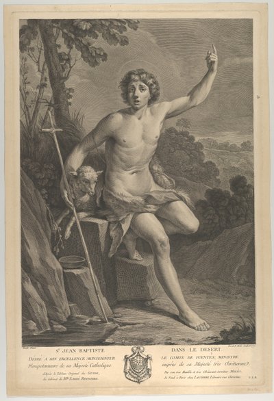 São João Batista no deserto, sentado em uma rocha e apontando para cima com a mão esquerda..., 1770 de Guido Reni