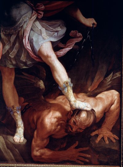 São Miguel esmaga a cabeça do demónio. Detalhe dos sapatos de sandália (Pintura de seda de Guido Reni