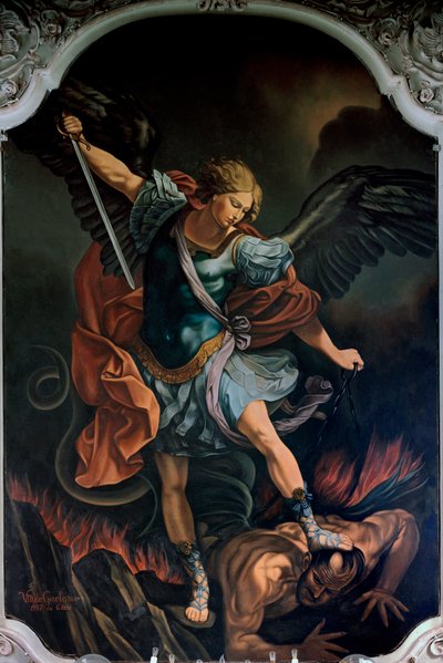 O Arcanjo São Miguel Terrassing the Dragon Painting de V. M. De Girolamo (século XX) depois de Guido Reni. 1957 de Guido Reni