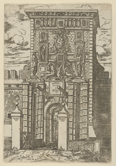 A Porta Galliera, o portão de entrada para Bolonha e ponte levadiça com decorações temporárias..., 1598. de Guido Reni