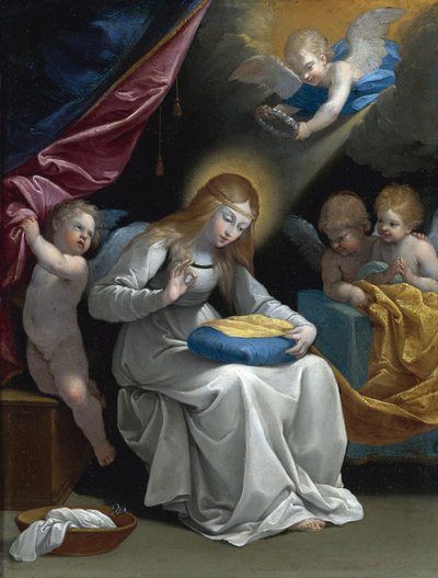 A Costura da Virgem, acompanhada por Quatro Anjos (La Couseuse) par Reni, Guido (1575-1642). Óleo sobre cobre, tamanho : 28,5x21,5, , Colecção Privada de Guido Reni