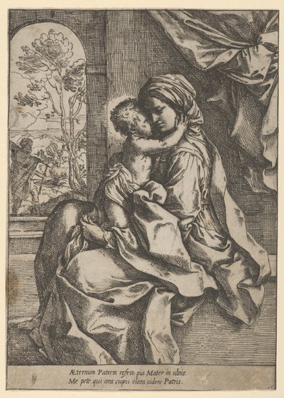 A Virgem sentada com o Menino Jesus no colo abraçando-a, José viu o..., ca. 1600-1613. de Guido Reni
