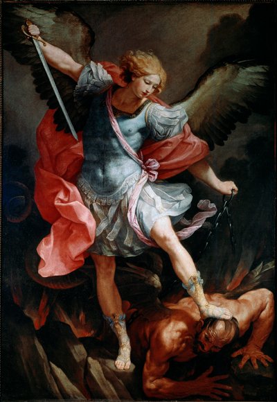 O arcanjo São Miguel esmaga a cabeça do demônio Pintura em Seda de Guido Reni chamado de Guia de Guido Reni