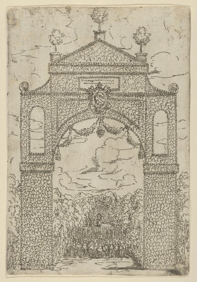 Arco triunfal coberto de folhagem com tropas montadas em baixo, decoração temporária para o séc..., 1599. de Guido Reni