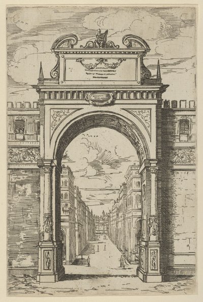 Arco triunfal encimado por uma estátua de Moisés, edifícios vistos através do arco abaixo, a t..., 1598. de Guido Reni