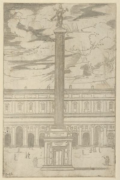 Coluna triunfal com figura feminina da Fama segurando trombeta no topo, decoração temporária..., 1598. de Guido Reni