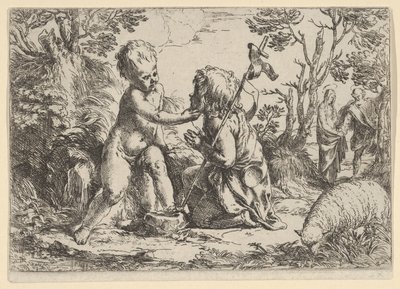 O jovem São João Batista ajoelhado diante do menino Cristo que acaricia seu f..., c. 1600-1640. de Guido Reni