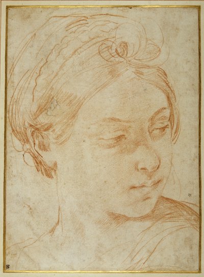Cabeça de jovem mulher, virada para olhar por cima do seu ombro esquerdo (giz vermelho sobre papel branco) de Guido Reni
