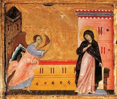 Anunciação, detalhe do Antependium de São Pedro Entronizado por Guido da Siena (cerca de 1250 -1300), tempera e ouro sobre madeira de Guido da Siena