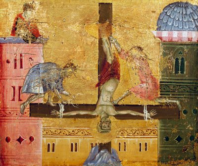 Crucificação de São Pedro, detalhe do Paliotto de São Pedro Entronizado, de Guido da Siena (activo ca1250 - 1300), pintura sobre madeira. de Guido da Siena