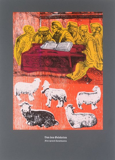 Sobre os académicos, Assim falou Zaratustra, 2025 (xilogravura e serigrafia) de Guilherme Pontes