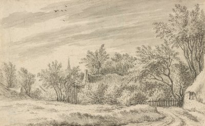 Caminho da aldeia com o pináculo da igreja ao longe de Guillam Dubois