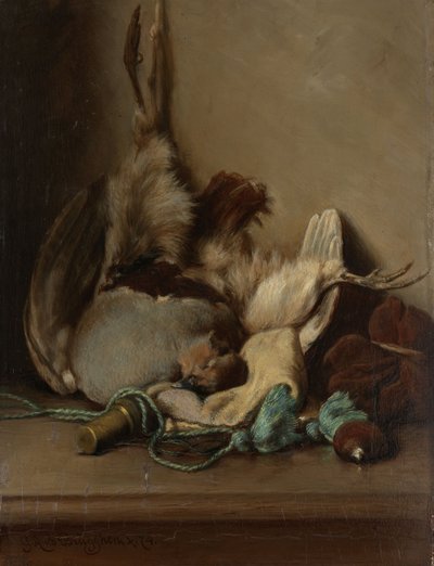 Natureza morta com pombo-torcaz e chifre de pólvora de Guillaume Anne van der Brugghen
