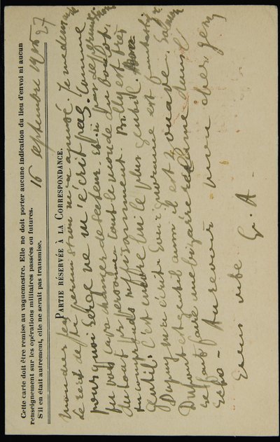 Cartão postal de autógrafos para Jean Mollet, datado de 16 de setembro de 1915 de Guillaume Apollinaire