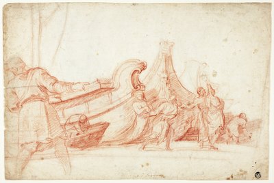 Cena da doca (anverso); dois esboços de figuras masculinas (verso) de Guillaume Courtois