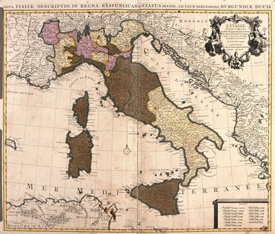 Mapa da Itália, com Córsega, Sardenha e Sicília (gravura de Guillaume Delisle