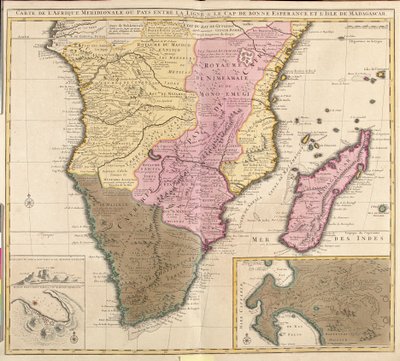 Mapa da África Meridional (Angola, Namíbia, Zâmbia, Zimbabwe, Moçambique, África do Sul) com a ilha de Madagáscar (gravura de Guillaume Delisle