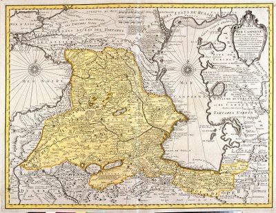 Mapa dos países vizinhos do Mar Cáspio (Rússia, Arménia, Pérsia, Cazaquistão, Turquemenistão) (gravura de Guillaume Delisle