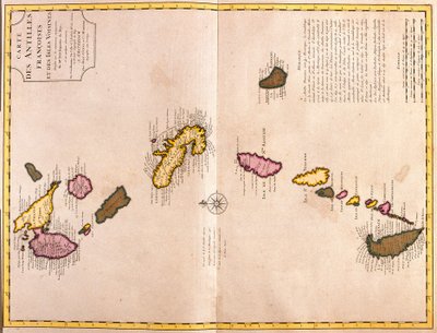 Mapas das ilhas do Caribe (Guadalupe, Marie Galante, Dominica, Martinica, Santa Lúcia, São Vicente, Barbados, Granadinas e Grenada) (gravura de Guillaume Delisle