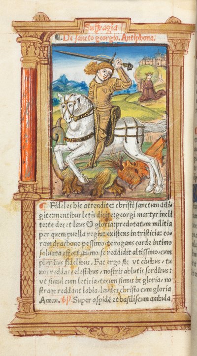 Livro de horas impresso (uso de Roma): fol. 103v, São Jorge matando o dragão de Guillaume Le Rouge