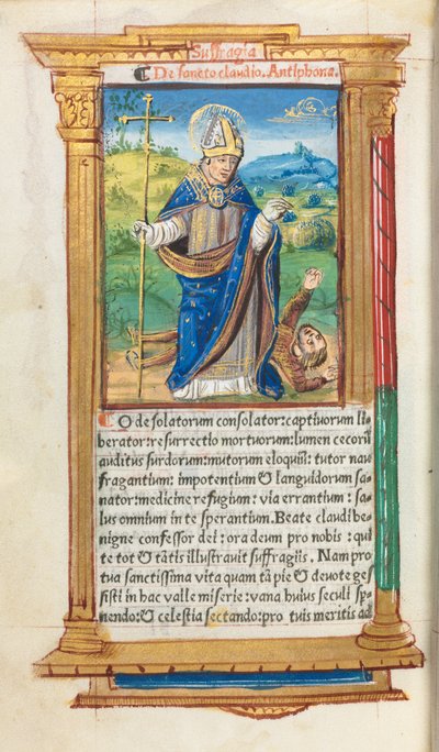 Livro de horas impresso (uso de Roma): fol. 105v, São Cláudio como bispo de Guillaume Le Rouge