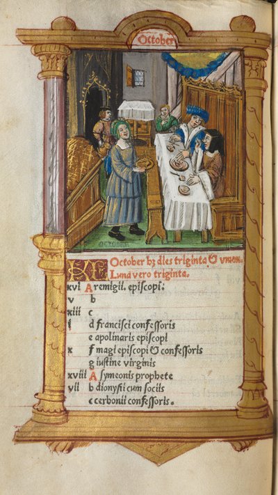 Livro de horas impresso (uso de Roma): fol. 11v, página do calendário de outubro de Guillaume Le Rouge