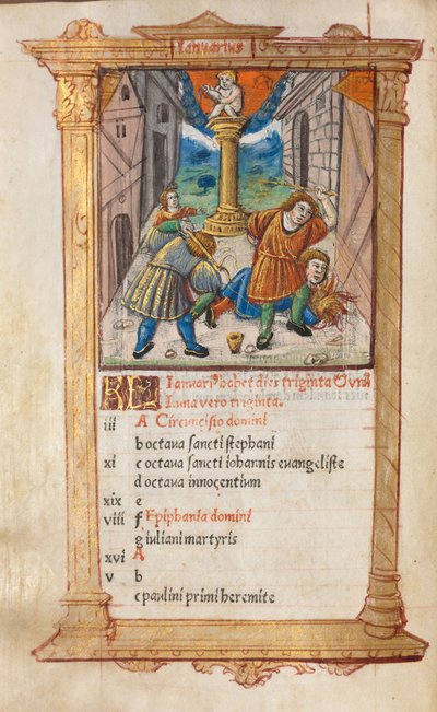 Livro das Horas Impresso Uso de Roma: fol. 2v, ilustração de calendário de janeiro de 1510. de Guillaume Le Rouge