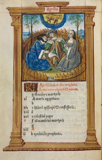 Livro das Horas Impresso Uso de Roma: fol. 5v, ilustração do calendário de abril, 1510. de Guillaume Le Rouge