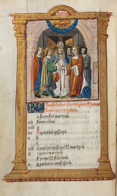 Livro das Horas Impresso Uso de Roma: fol. 7v, ilustração do calendário de junho, 1510. de Guillaume Le Rouge