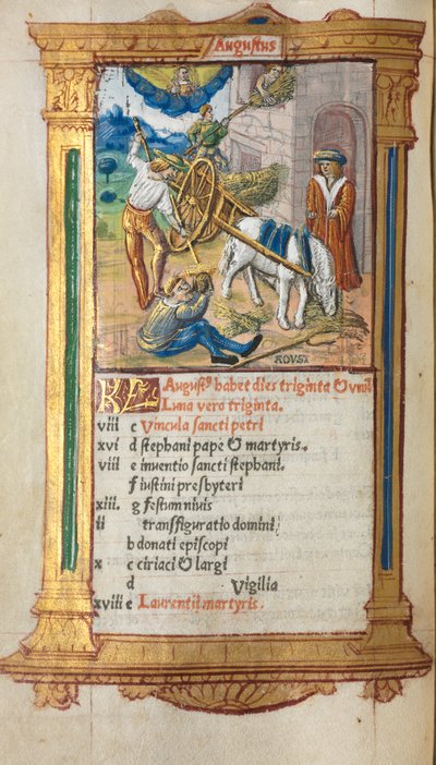 Livro das Horas Impresso Uso de Roma: fol. 9v, ilustração de calendário de agosto de 1510. de Guillaume Le Rouge