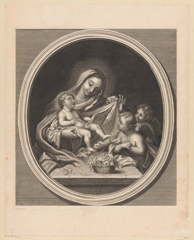 Maria com Criança e dois anjos atrás de uma mesa com um cesto de flores de Guillaume Vallet