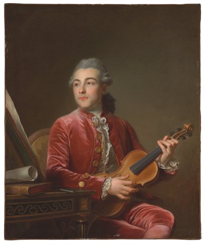 Retrato de um cavalheiro, meio comprimento, sentado em uma jaqueta de veludo vermelho com um violino (óleo sobre tela) de Guillaume Voiriot