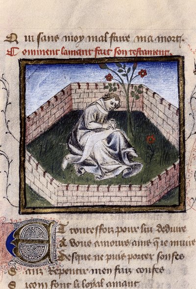 Representação de um jovem apaixonado no jardim das delícias descobrindo a fonte de Narciso, miniatura em "Roman de la Rose" de Guillaume Lorris de Guillaume de Lorris