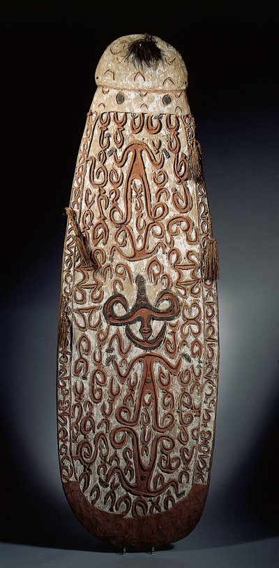 Escudo oval Asmat, esculpido em relevo com ornamento em espiral incorporando figuras altamente estilizadas, borlas entrançadas até a borda (madeira, ráfia e penas) de Guinean New