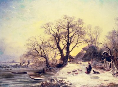 Figuras fora de uma cabana no inverno de Gustaf Fredrik Rydberg