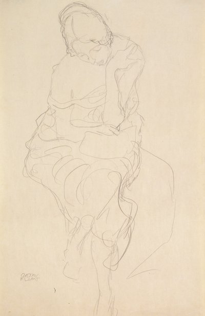 Sentado em um banquinho da frente de Gustav Klimt
