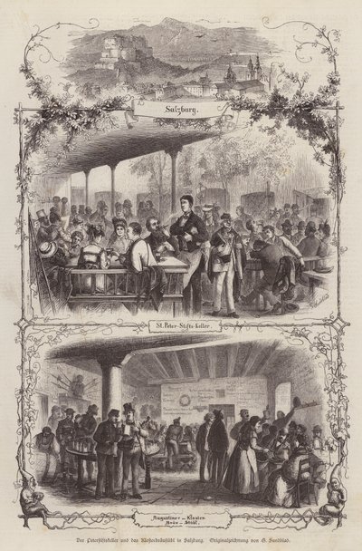 Peterstiftkeller e Klosterbraustubl, salas de cerveja em Salzburgo, Áustria (gravura) de Gustav (after) Sundblad