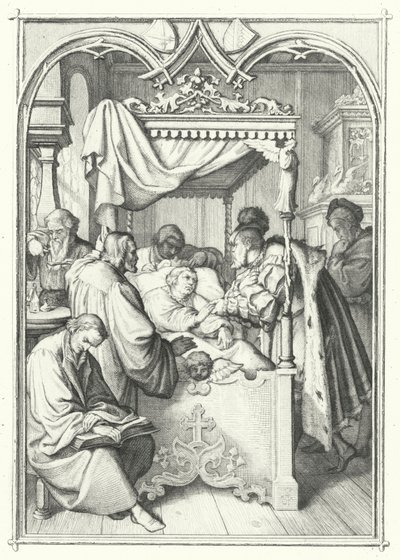 John, Eleitor da Saxônia, visita Martin Lutero no hospital (gravura) de Gustav Ferdinand Leopold Konig