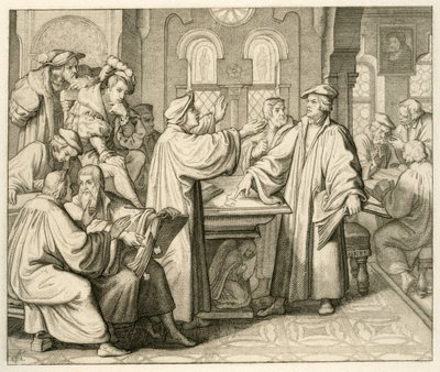 Lutero e Ulrich Zwingli (1494-1531) discutem sobre o sacramento e não chegam a acordo, em Marburgo, 1529 de Gustav Ferdinand Leopold Konig