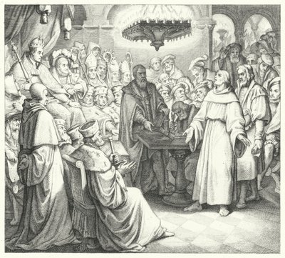 Martinho Lutero aparece perante o Imperador Carlos V na Dieta das Minhocas (gravura) de Gustav Ferdinand Leopold Konig