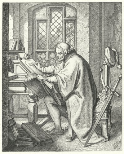 Martinho Lutero inicia a tradução da Bíblia no castelo de Wartburg (gravura) de Gustav Ferdinand Leopold Konig