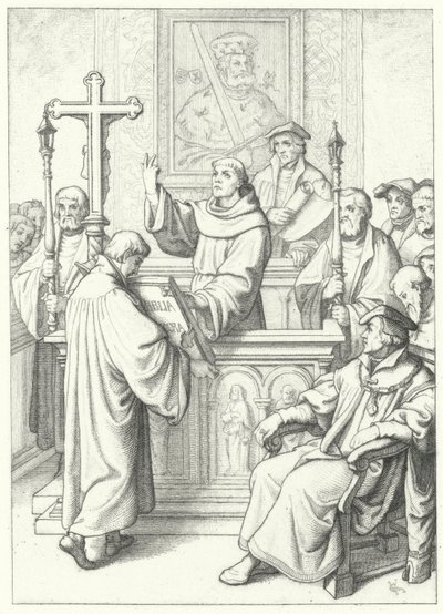 Martin Luther sendo premiado com seu doutorado por Andreas Karlstadt na Universidade de Wittenberg, 1512 de Gustav Ferdinand Leopold Konig