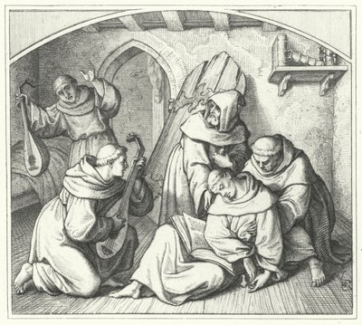 Martinho Lutero desmaia com uma Bíblia na mão e seus amigos o trazem de volta à razão (gravura) de Gustav Ferdinand Leopold Konig