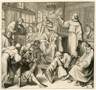 Martinho Lutero em discussão com o Dr. Johannes Eck (Johann Maier von Eck) (1486-1543), do lado de Lutero está Philipp Melanchthon (1497-1560) e Karlstadt (Andreas Rudolf Bodenstein von Karlstadt de Gustav Ferdinand Leopold Konig