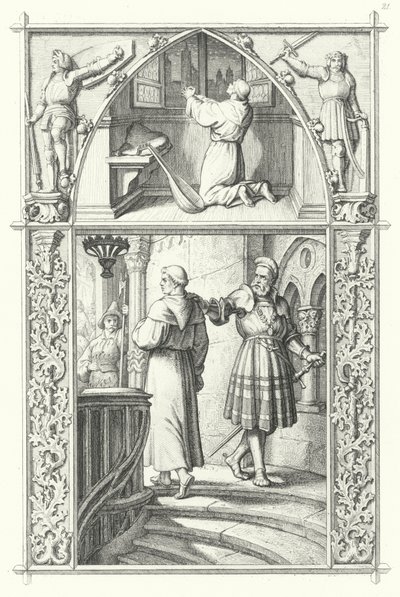 Martinho Lutero em oração enquanto se prepara para a Dieta das Minhocas (topo). Georg von Frundsberg dá encorajamento a Martinho Lutero (em baixo) (gravação) de Gustav Ferdinand Leopold Konig